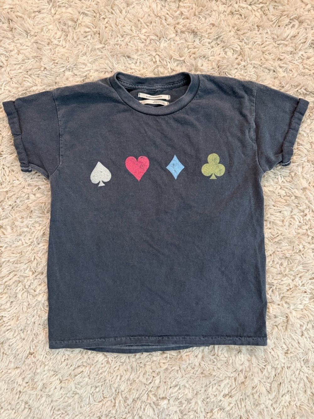 Anthropologie Navy Tee with Multicolor Card Suit Graphics